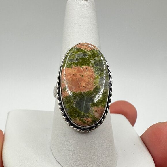 Genuine unakite jasper cabochon ring in solid Sterling silver! - Picture 7 of 11